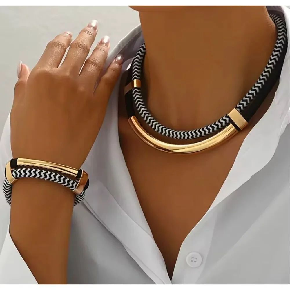 Zara Black Gold Necklace Bracelet Set Statement Jewelry Modern Boho Chic  NWOT